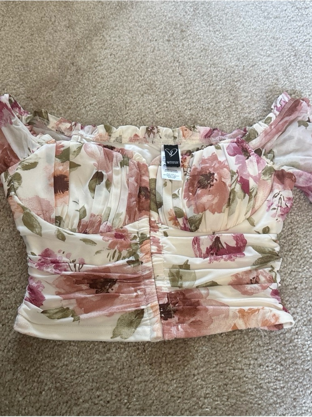 Windsor Floral Off-Shoulder Ruched Crop Top - Pink & Green